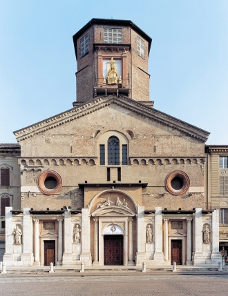 Romanesque facade with marble decoration|...